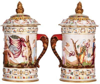 Two porcelain items, pokal, 2.5L, 13.1" ht., hand-painted & relief, marked N with crown, Capo-di-Monte, set-on lid, good finial & base chip repairs, no metalwork; with, stein, 2.5L, 12.1" ht., hand-painted & relief, marked N with crown, Capo-di-Monte, set - 4