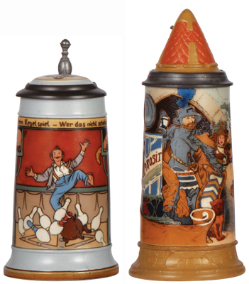 Two Mettlach steins, .5L, 2959, etched, by F. Quidenus, inlaid lid, mint; with, 5L, 2580, etched, by H. Schlitt, inlaid lid, mint. 