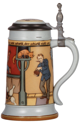 Two Mettlach steins, .5L, 2959, etched, by F. Quidenus, inlaid lid, mint; with, 5L, 2580, etched, by H. Schlitt, inlaid lid, mint. - 2