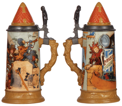 Two Mettlach steins, .5L, 2959, etched, by F. Quidenus, inlaid lid, mint; with, 5L, 2580, etched, by H. Schlitt, inlaid lid, mint. - 4