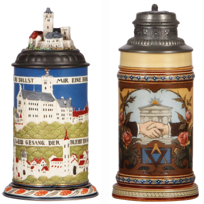 Two Mettlach steins, .5L, 2828, decorated relief, Wartburg, by Hein, inlaid lid, center tower damaged & glued; with, .5L, 1819, etched, by C. Warth, Masonic stein, original pewter lid, mint.