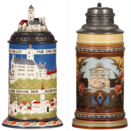 Two Mettlach steins, .5L, 2828, decorated relief, Wartburg, by Hein, inlaid lid, center tower damaged & glued; with, .5L, 1819, etched, by C. Warth, Masonic stein, original pewter lid, mint.