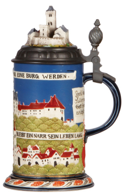 Two Mettlach steins, .5L, 2828, decorated relief, Wartburg, by Hein, inlaid lid, center tower damaged & glued; with, .5L, 1819, etched, by C. Warth, Masonic stein, original pewter lid, mint. - 2