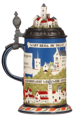 Two Mettlach steins, .5L, 2828, decorated relief, Wartburg, by Hein, inlaid lid, center tower damaged & glued; with, .5L, 1819, etched, by C. Warth, Masonic stein, original pewter lid, mint. - 3