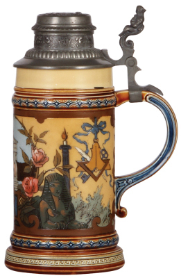 Two Mettlach steins, .5L, 2828, decorated relief, Wartburg, by Hein, inlaid lid, center tower damaged & glued; with, .5L, 1819, etched, by C. Warth, Masonic stein, original pewter lid, mint. - 4