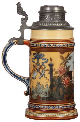 Two Mettlach steins, .5L, 2828, decorated relief, Wartburg, by Hein, inlaid lid, center tower damaged & glued; with, .5L, 1819, etched, by C. Warth, Masonic stein, original pewter lid, mint. - 5