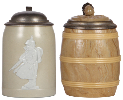 Two Mettlach steins, .5L, 3435 relief, soldier, pewter lid, mint: with, .5L, 675, Character, Barrel, inlaid lid, owner I.D. on base, mint.