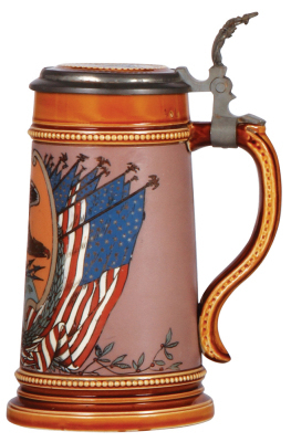 Two Mettlach steins, .5L, 3135, etched, inlaid lid, shallow glazed chip on top rim side; with, .5L, 1566, etched, by Gorig, original brass lid, plating wear on lid, otherwise mint. - 2