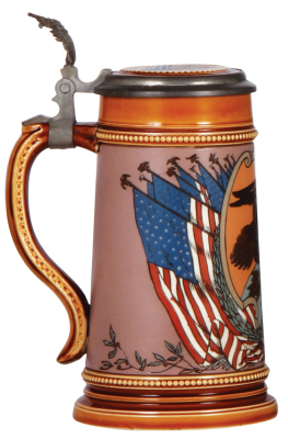 Two Mettlach steins, .5L, 3135, etched, inlaid lid, shallow glazed chip on top rim side; with, .5L, 1566, etched, by Gorig, original brass lid, plating wear on lid, otherwise mint. - 3