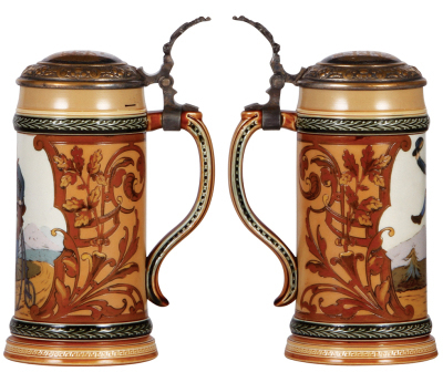 Two Mettlach steins, .5L, 3135, etched, inlaid lid, shallow glazed chip on top rim side; with, .5L, 1566, etched, by Gorig, original brass lid, plating wear on lid, otherwise mint. - 4