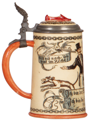 Two Mettlach steins, .5L, 2050, etched, inlaid lid, good repair of top rim chip; with, .5L, 2900, etched, inlaid lid, custom pewter inscription: Fred Hingst, mint. - 3