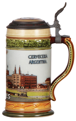 Two Mettlach steins, .5L, 2050, etched, inlaid lid, good repair of top rim chip; with, .5L, 2900, etched, inlaid lid, custom pewter inscription: Fred Hingst, mint. - 4