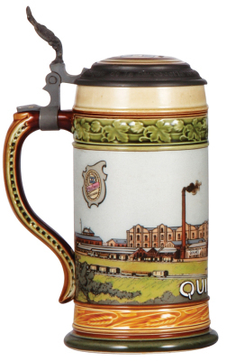 Two Mettlach steins, .5L, 2050, etched, inlaid lid, good repair of top rim chip; with, .5L, 2900, etched, inlaid lid, custom pewter inscription: Fred Hingst, mint. - 5