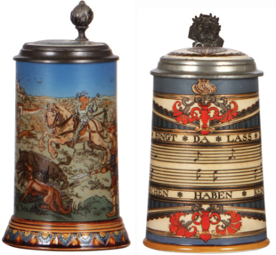 Two Mettlach steins, .5L, 2083, etched, inlaid lid, excellent inlay repair, body mint; with, 5L, 2097, etched, by Otto Hupp, inlaid lid, chip on bottom edge of etched scene in rear. 