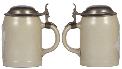 Two Mettlach steins, .5L, 3435 relief, soldier, pewter lid, mint: with, .5L, 675, Character, Barrel, inlaid lid, owner I.D. on base, mint. - 2