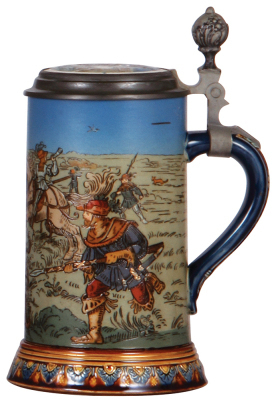 Two Mettlach steins, .5L, 2083, etched, inlaid lid, excellent inlay repair, body mint; with, 5L, 2097, etched, by Otto Hupp, inlaid lid, chip on bottom edge of etched scene in rear. - 2