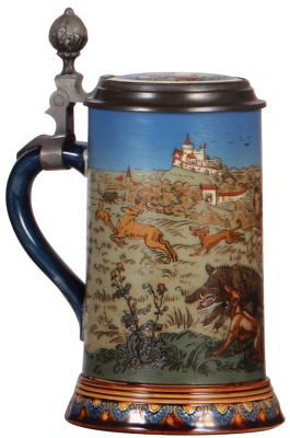 Two Mettlach steins, .5L, 2083, etched, inlaid lid, excellent inlay repair, body mint; with, 5L, 2097, etched, by Otto Hupp, inlaid lid, chip on bottom edge of etched scene in rear. - 3