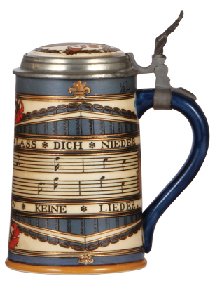 Two Mettlach steins, .5L, 2083, etched, inlaid lid, excellent inlay repair, body mint; with, 5L, 2097, etched, by Otto Hupp, inlaid lid, chip on bottom edge of etched scene in rear. - 4