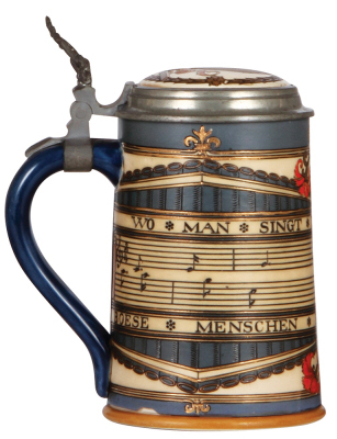 Two Mettlach steins, .5L, 2083, etched, inlaid lid, excellent inlay repair, body mint; with, 5L, 2097, etched, by Otto Hupp, inlaid lid, chip on bottom edge of etched scene in rear. - 5