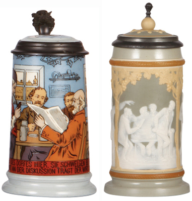 Two Mettlach steins, .5L, 2886, etched, inlaid lid, mint; with, .5L, 2628, cameo, inlaid lid, mint.