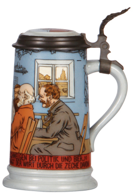 Two Mettlach steins, .5L, 2886, etched, inlaid lid, mint; with, .5L, 2628, cameo, inlaid lid, mint. - 2