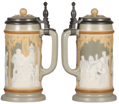 Two Mettlach steins, .5L, 2886, etched, inlaid lid, mint; with, .5L, 2628, cameo, inlaid lid, mint. - 4