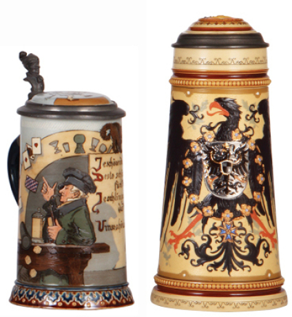 Two Mettlach steins, .5L, 2090, etched, by H. Schlitt, inlaid lid, pewter rim slightly bent, otherwise mint; with, 1.0L, 2204, decorated relief, inlaid lid, thumblift missing, otherwise mint.