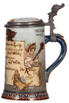 Two Mettlach steins, .5L, 2090, etched, by H. Schlitt, inlaid lid, pewter rim slightly bent, otherwise mint; with, 1.0L, 2204, decorated relief, inlaid lid, thumblift missing, otherwise mint. - 2