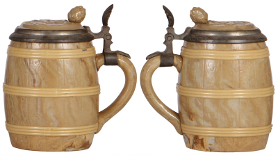 Two Mettlach steins, .5L, 3435 relief, soldier, pewter lid, mint: with, .5L, 675, Character, Barrel, inlaid lid, owner I.D. on base, mint. - 3