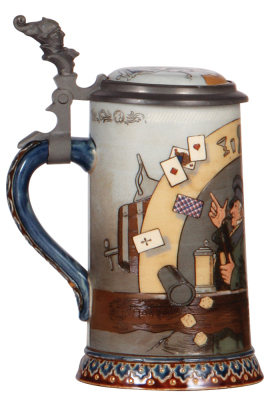 Two Mettlach steins, .5L, 2090, etched, by H. Schlitt, inlaid lid, pewter rim slightly bent, otherwise mint; with, 1.0L, 2204, decorated relief, inlaid lid, thumblift missing, otherwise mint. - 3