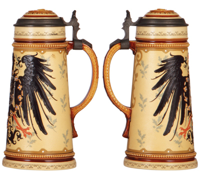 Two Mettlach steins, .5L, 2090, etched, by H. Schlitt, inlaid lid, pewter rim slightly bent, otherwise mint; with, 1.0L, 2204, decorated relief, inlaid lid, thumblift missing, otherwise mint. - 4