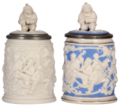 Two Mettlach steins, .5L, 485, relief, parian, figural inlaid lid, mint; with, .5L, 485, relief, parian, figural inlaid lid, mint.