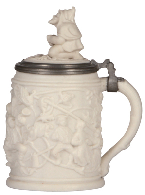 Two Mettlach steins, .5L, 485, relief, parian, figural inlaid lid, mint; with, .5L, 485, relief, parian, figural inlaid lid, mint. - 2