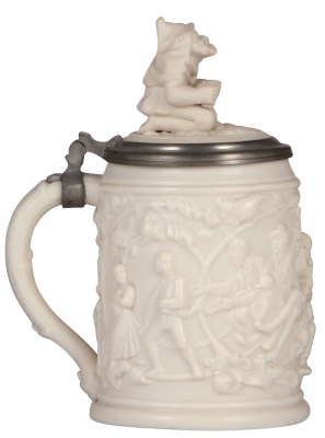 Two Mettlach steins, .5L, 485, relief, parian, figural inlaid lid, mint; with, .5L, 485, relief, parian, figural inlaid lid, mint. - 3