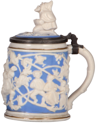 Two Mettlach steins, .5L, 485, relief, parian, figural inlaid lid, mint; with, .5L, 485, relief, parian, figural inlaid lid, mint. - 4