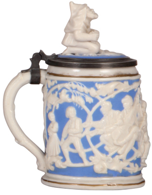 Two Mettlach steins, .5L, 485, relief, parian, figural inlaid lid, mint; with, .5L, 485, relief, parian, figural inlaid lid, mint. - 5