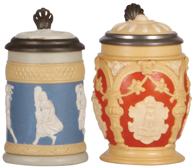 Two Mettlach steins, .25L, 171, relief, inlaid lid, mint; with, .3L, 2077, relief, inlaid lid, mint.