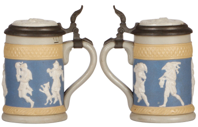 Two Mettlach steins, .25L, 171, relief, inlaid lid, mint; with, .3L, 2077, relief, inlaid lid, mint. - 2