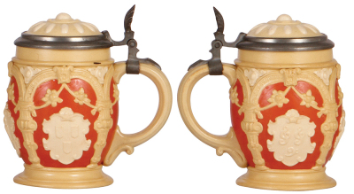 Two Mettlach steins, .25L, 171, relief, inlaid lid, mint; with, .3L, 2077, relief, inlaid lid, mint. - 3