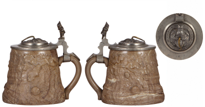 Mettlach steins, .5L, 216, earlyware, inlaid lid of cat tail counter, pewter tear repaired; with, .5L, 24, earlyware, inlaid lid, very good condition. - 2