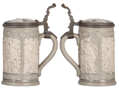 Mettlach steins, .5L, 216, earlyware, inlaid lid of cat tail counter, pewter tear repaired; with, .5L, 24, earlyware, inlaid lid, very good condition. - 3