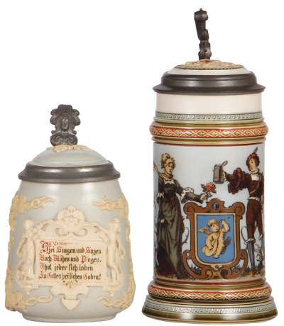 Mettlach steins, 5L, 1370, relief, inlaid lid, mint; with, .5L, 1725, etched, by C. Warth, inlaid lid, mint.