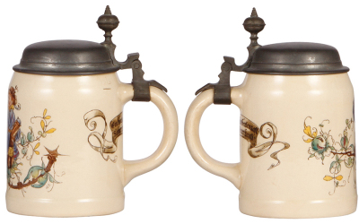 Two Mettlach steins, .5L, 587[1526], PUG, pewter lid, mint; with, .5L, 1074[1909], PUG, by H. Schlitt, pewter lid, mint. - 2