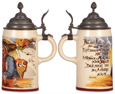 Two Mettlach steins, .5L, 587[1526], PUG, pewter lid, mint; with, .5L, 1074[1909], PUG, by H. Schlitt, pewter lid, mint. - 3