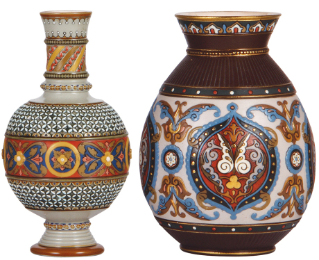 Two Mettlach vases, 9.4'' ht., 1804, mosaic, mint; with, 9.3'' ht., 1829, mosaic, mint.