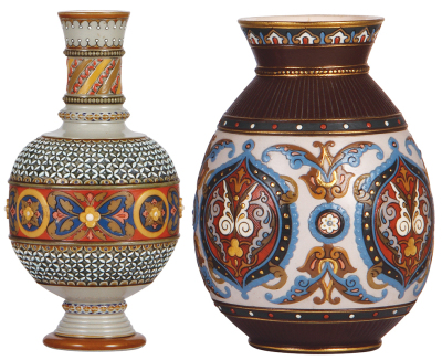 Two Mettlach vases, 9.4'' ht., 1804, mosaic, mint; with, 9.3'' ht., 1829, mosaic, mint. - 2