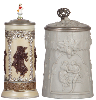 Two Mettlach steins, .5L, 229, earlyware, porcelain inlaid lid, porcelain thumblift, base chip; with, 1.0L, 762, earlyware, inlaid lid, hairline on body & inlay edge.