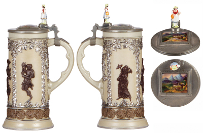 Two Mettlach steins, .5L, 229, earlyware, porcelain inlaid lid, porcelain thumblift, base chip; with, 1.0L, 762, earlyware, inlaid lid, hairline on body & inlay edge. - 2