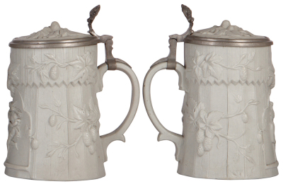 Two Mettlach steins, .5L, 229, earlyware, porcelain inlaid lid, porcelain thumblift, base chip; with, 1.0L, 762, earlyware, inlaid lid, hairline on body & inlay edge. - 3