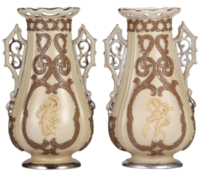 Two Mettlach vases, 10.9'' ht., #319, earlyware, one has base chips & handle repair, second in good condition.